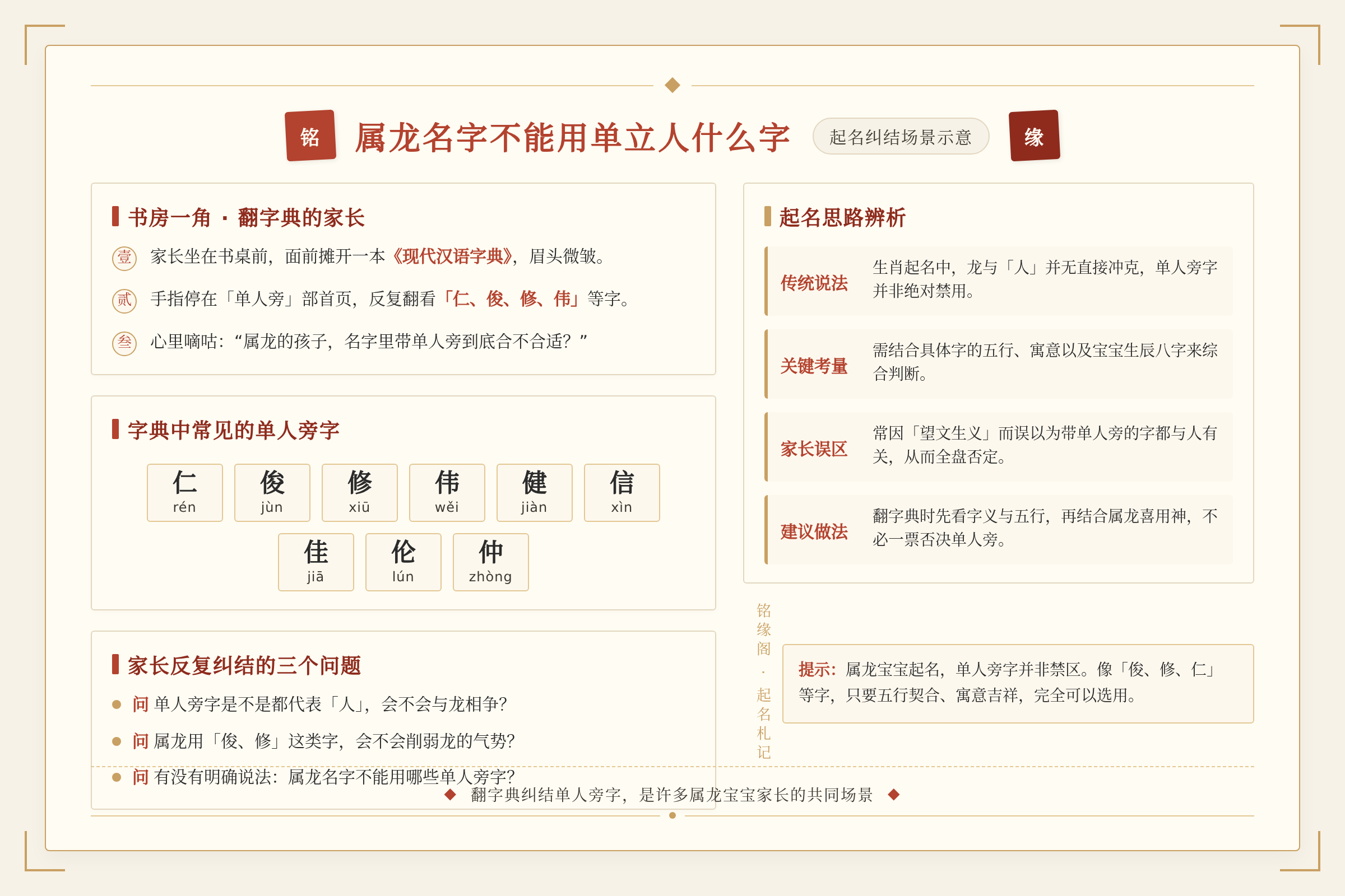 属龙宝宝起名时家长翻字典纠结单人旁字能否使用的场景示意