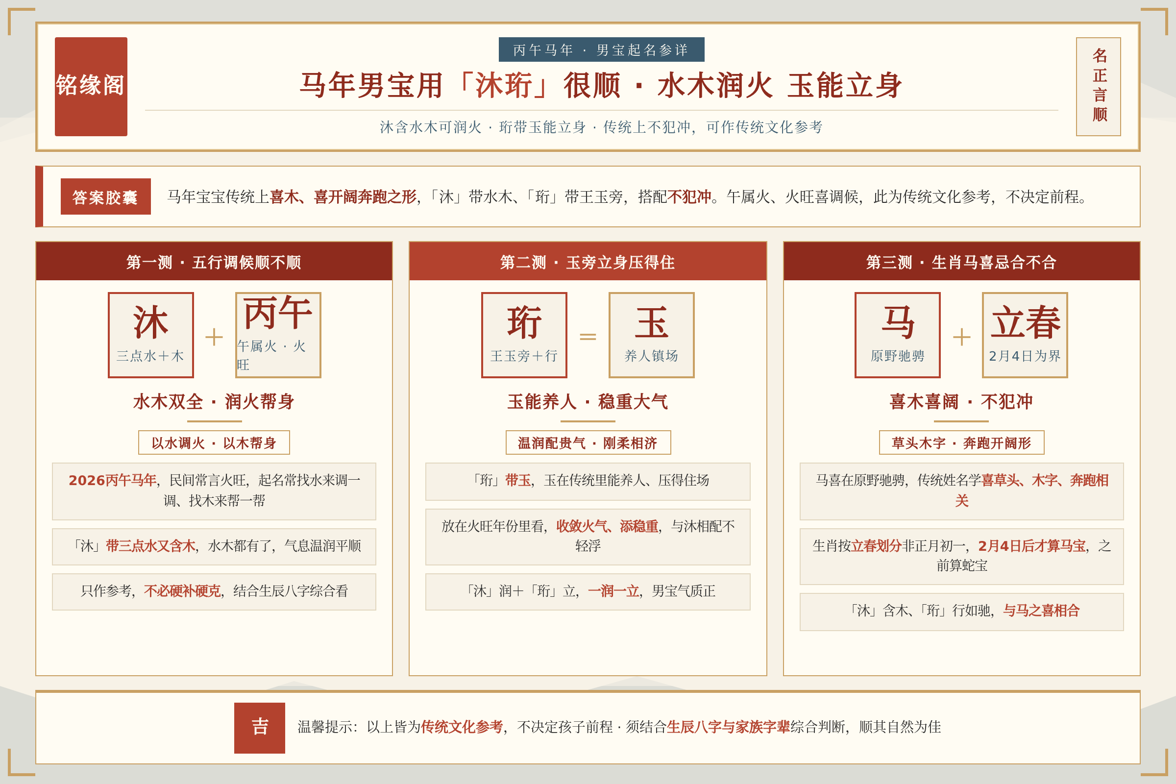 马年男宝用沐珩很顺，沐含水木可润火珩带玉能立身传统上不犯冲